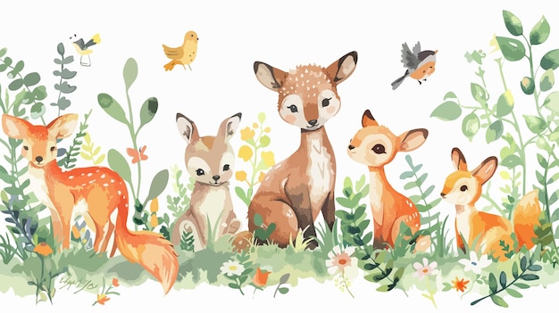 Cute Woodland Cartoon Animals Watercolor Illustration