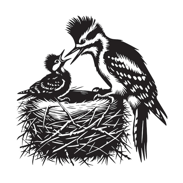 Vector cute woodpecker bird vector illustration in black and white hairy woodpecker silhouette clip art