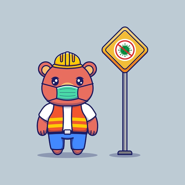 Cute worker bear with coronavirus sign