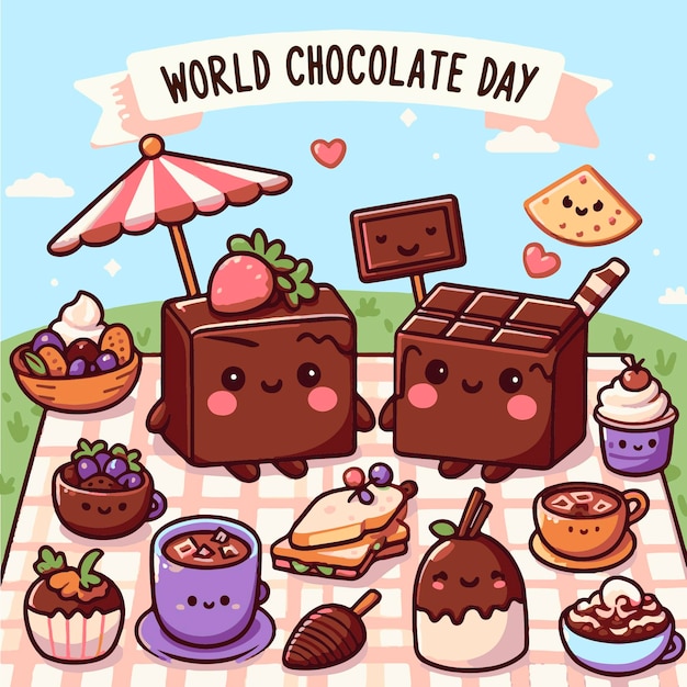 Cute World Chocolate Day Celebration Illustration with Adorable Dessert Characters