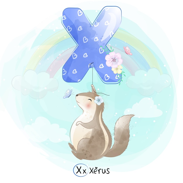 Cute Xerus flying with alphabet-X balloon