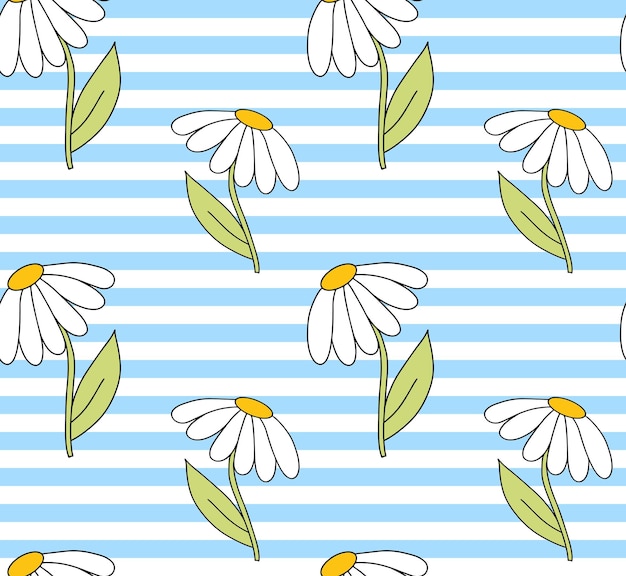 Cute y2k 00s seamless pattern with blue white stripe and doodle daisy chamomile flower Fashion