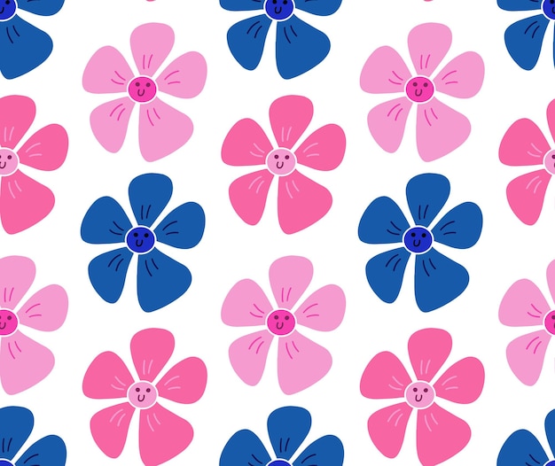 Cute y2k floral seamless pattern background with daisy flower smile face Pink and blue smiling flowers on white backdrop Print wallpaper vector texture