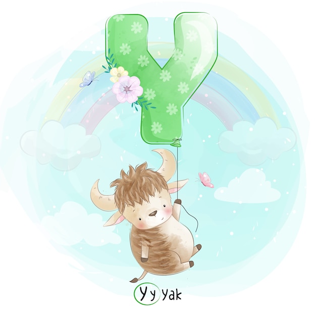 Cute Yak flying with alphabet-Y balloon