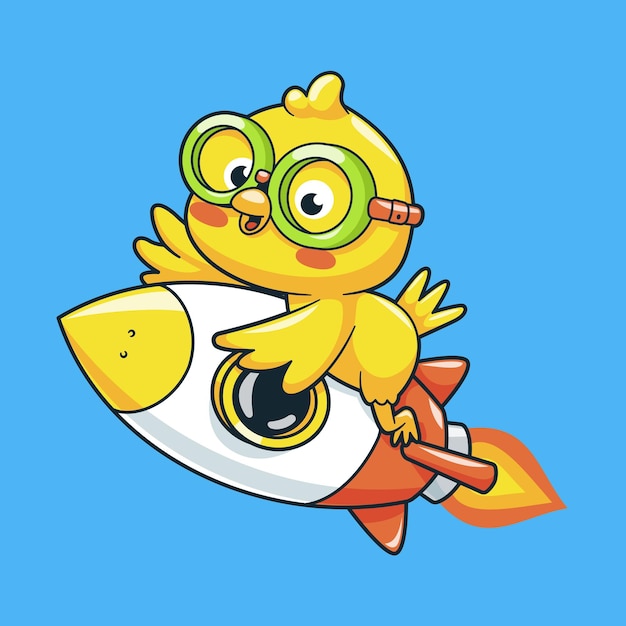 Cute yellow bird flying with rocket