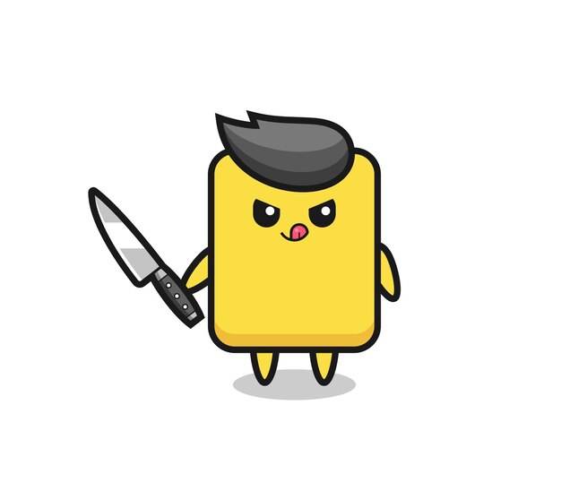 Cute yellow card mascot as a psychopath holding a knife