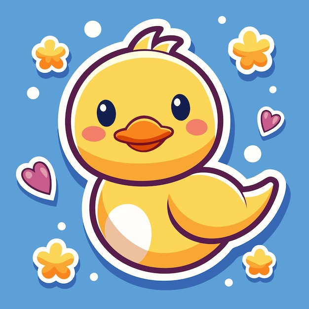 Cute yellow cartoon duck with big eyes and flowers on blue background