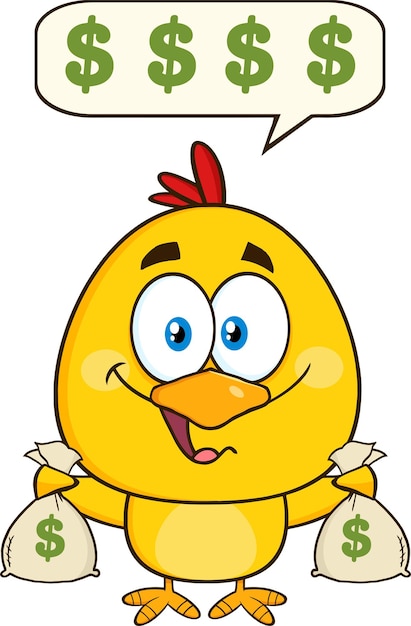 Cute Yellow Chick Cartoon Character Holding Money Bags And Talking