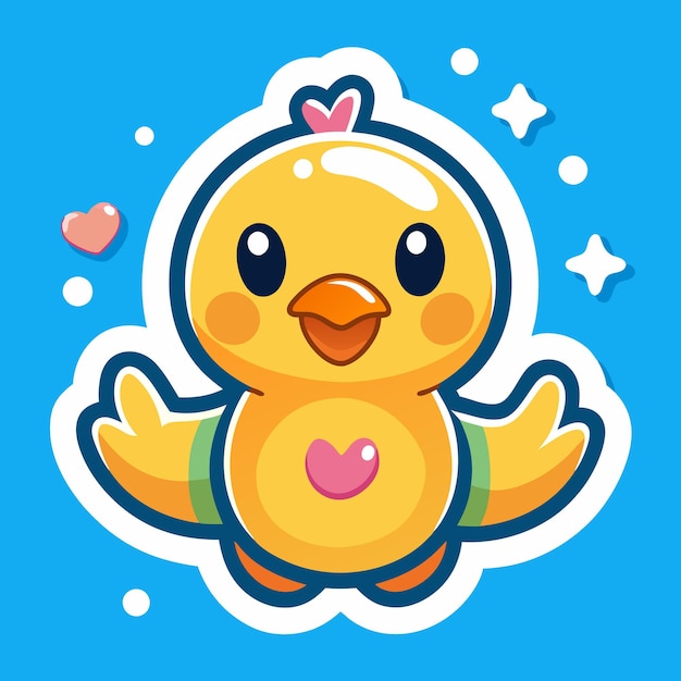 Cute yellow chick cartoon character with hearts and stars on blue background