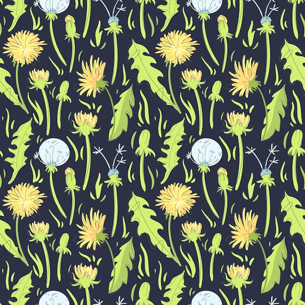 Cute yellow dandelions and fluffy dandelions Summer colorful seamless pattern