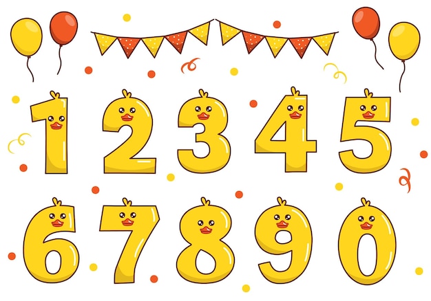 Cute yellow duck collection with numbering for birthday party kid education ornament Funny font