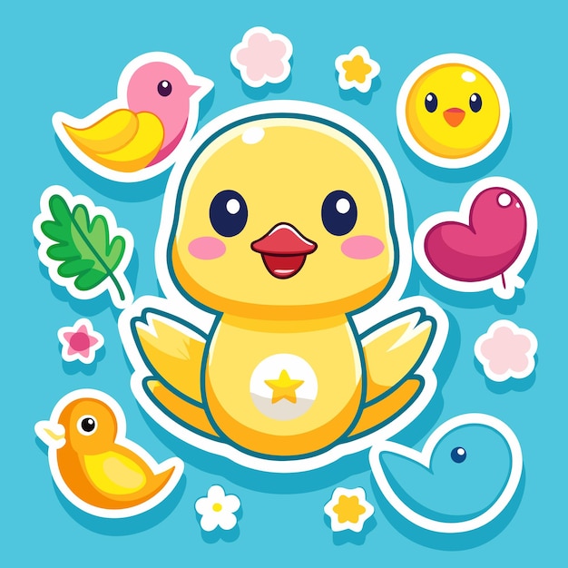 Vector cute yellow duckling surrounded by colorful birds flowers and a heart