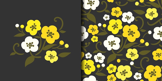 Cute yellow flowers branches with leaves and buds in flat style and seamless pattern