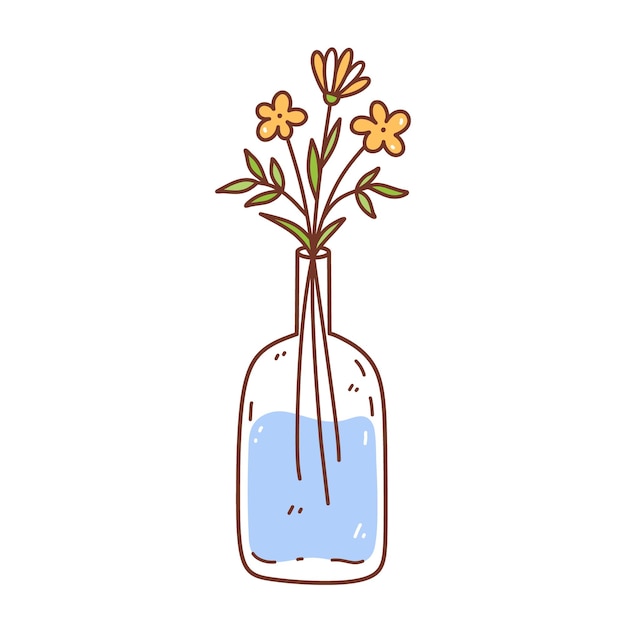 Cute yellow flowers in a glass vase isolated on white hand drawn illustration in doodle style