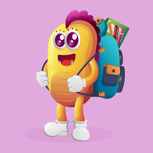 Cute yellow monster carrying a schoolbag backpack back to school