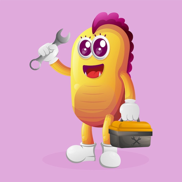 Cute yellow monster holding spanner and tolls box