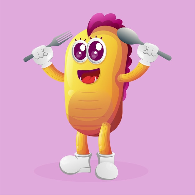 Cute yellow monster holding spoon and fork