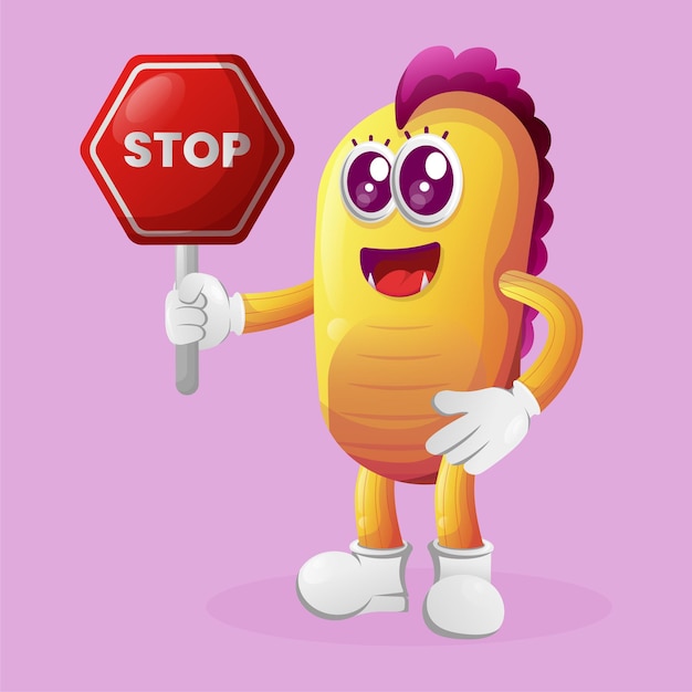 Cute yellow monster holding stop sign street sign road sign