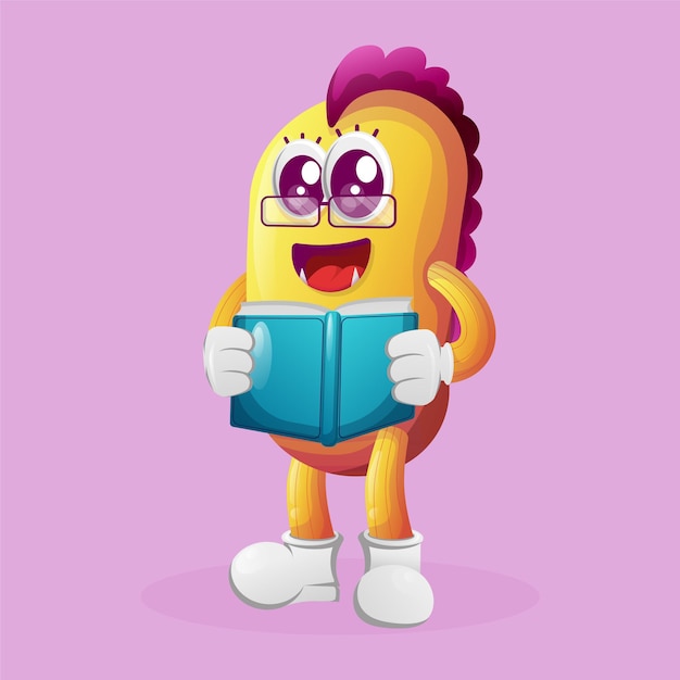 Vector cute yellow monster reading a book