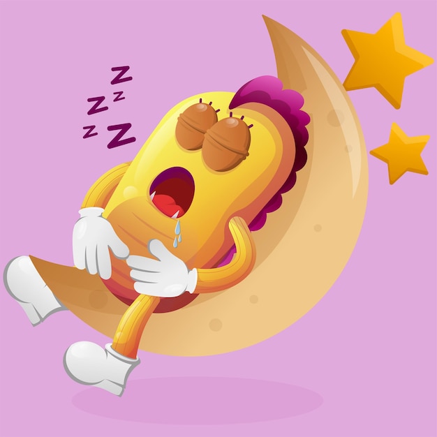 Cute yellow monster sleeping sleeping on the moon