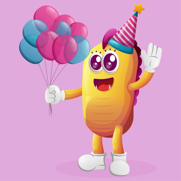 Cute yellow monster wearing a birthday hat holding balloons