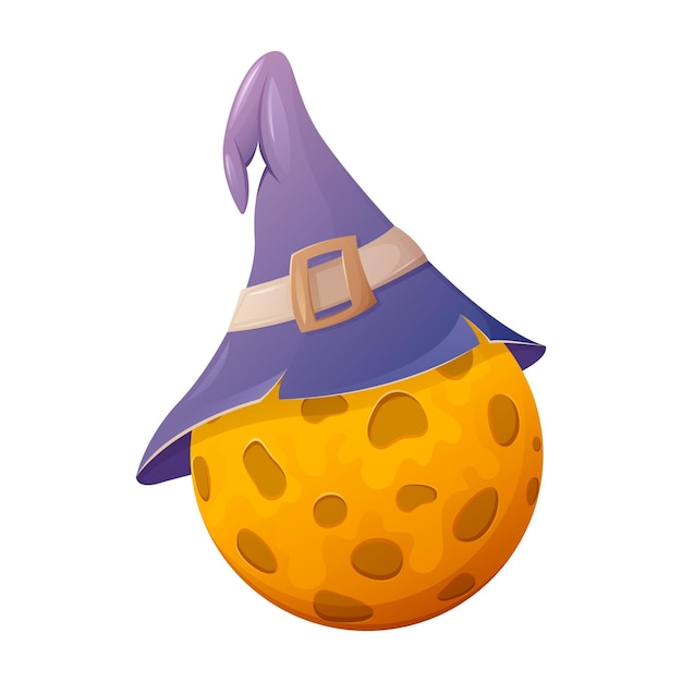 Cute yellow moon in a Halloween hat. Cartoon vector illustration.