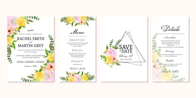 Cute Yellow Pink Rustic Vintage Floral Wedding Invitation Set