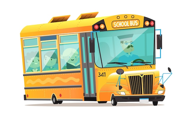 Cute yellow school bus with a mustached driver. Children on board talk and study. Isolated vector il