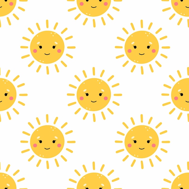 Cute yellow sun with face and smile Seamless pattern for sewing clothes and printing on fabric Endless background in nursery