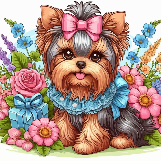 Cute yorkie dog and flowers vector cartoon illustration