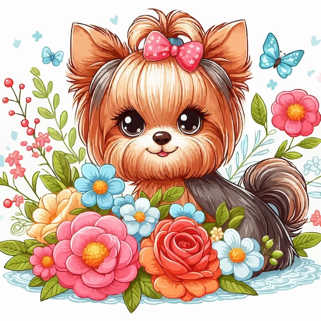 Cute yorkie dog and flowers vector cartoon illustration