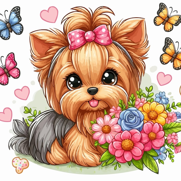 Cute yorkie dog and flowers vector cartoon illustration