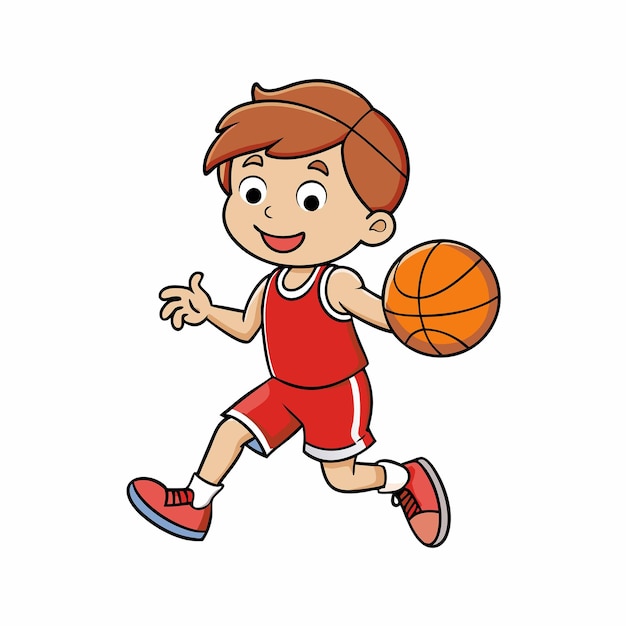 Cute Young Boy Dribbling Basketball with Enthusiasm in Cartoon Illustration