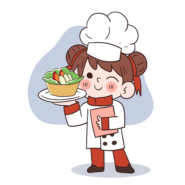 Cute young chef girl smiling and holding a veggie saladcartoon vector art illustration