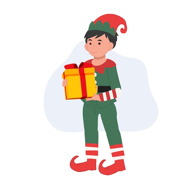 Cute young christmas elf boy with present box vector illustration