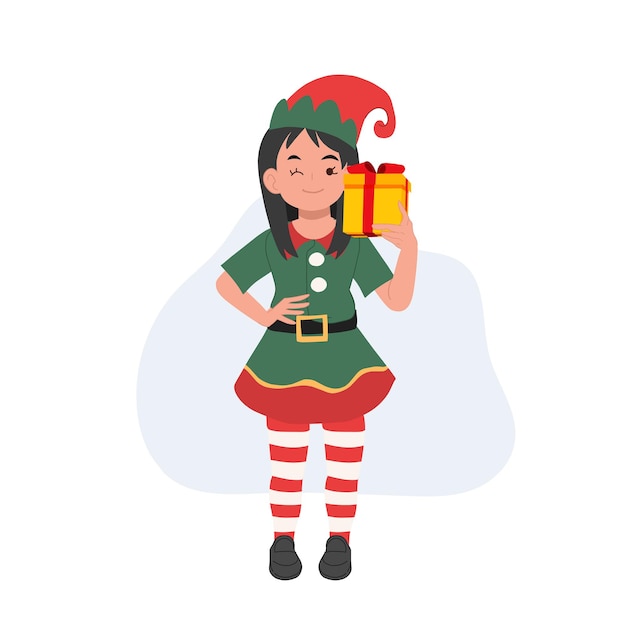 Cute young christmas elf girl with present box vector illustration