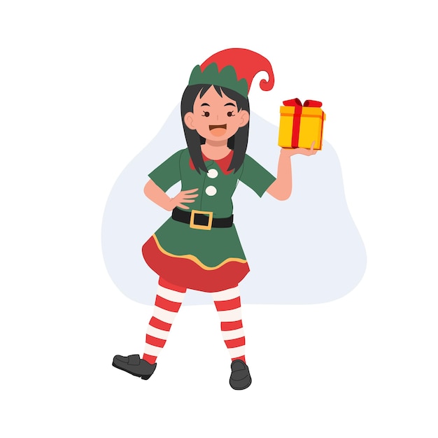 Cute young christmas elf girl with present box vector illustration