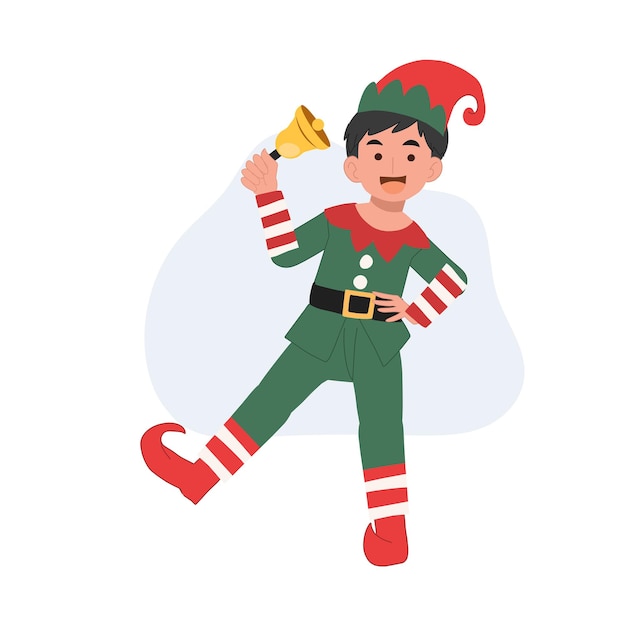 Cute Young christmas elf kid is ringing the bell vector illustration