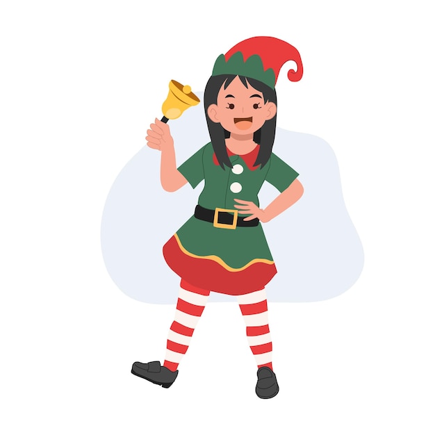 Cute Young christmas elf kid is ringing the bell vector illustration