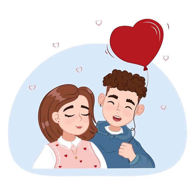 cute young couple on a date, valentine's day elements set, couple in love