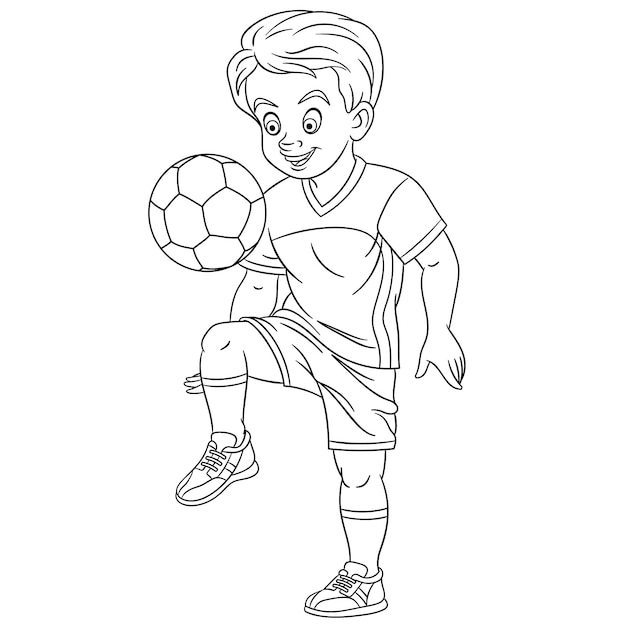 Vector cute young football player. cartoon coloring book page for kids.