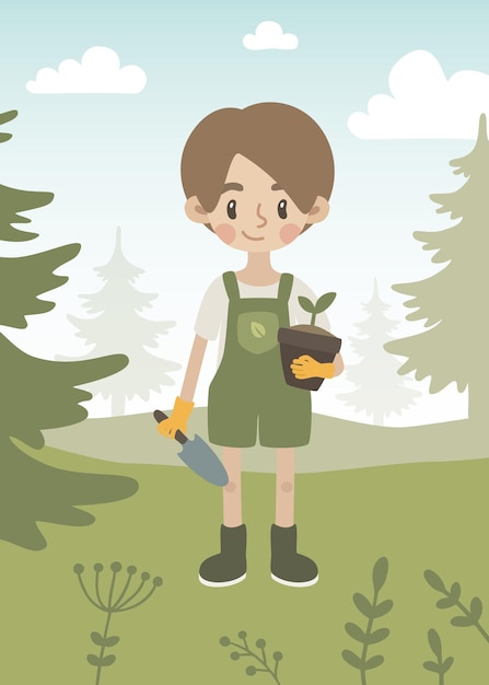 Cute young gardener boy planting trees in the forest.