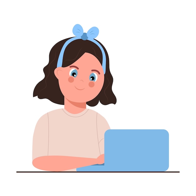 Cute young girl or student studying on laptop kid doing homework or sitting on school lesson vector