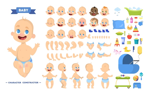 Cute young male baby boy character set for animation with various views, hairstyles, emotions, poses and gestures.