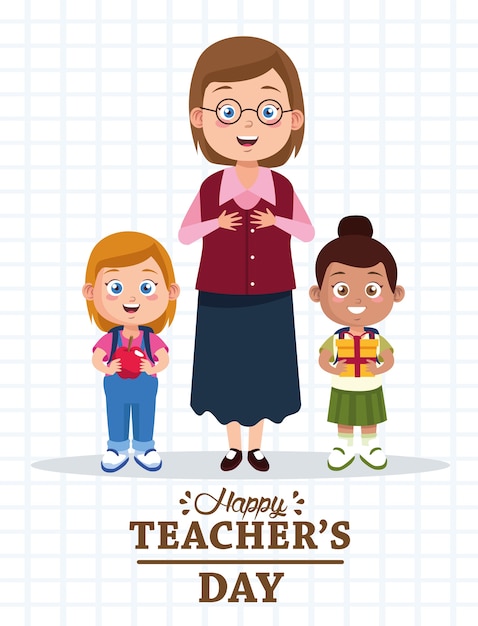 Cute young teacher woman with little students girls