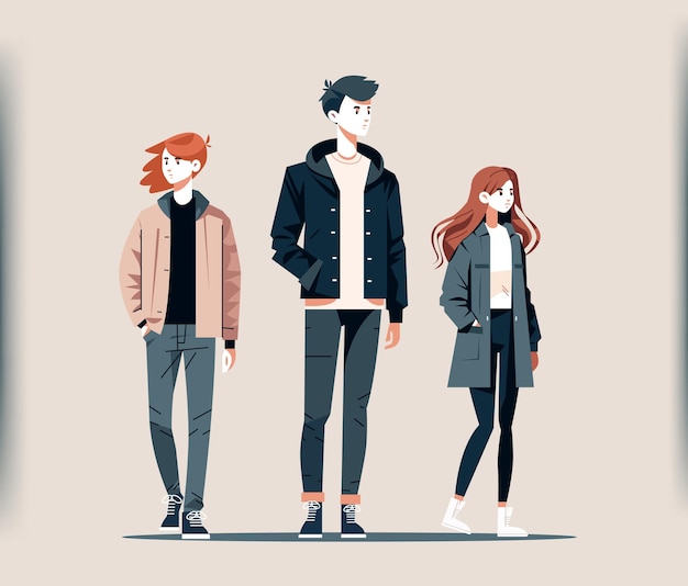 Cute young teenagers or students in casual fashion clothes standing togehter cartoon characters