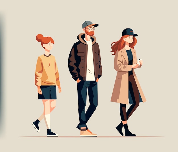 Cute young teenagers or students in casual fashion clothes standing togehter cartoon characters