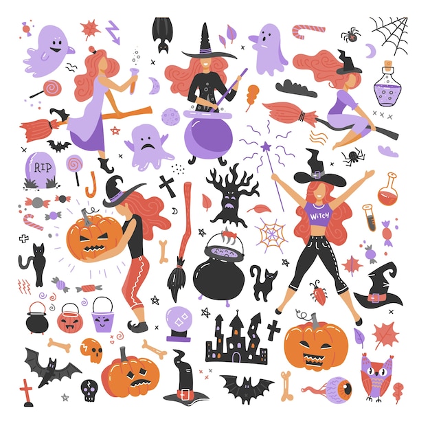 Cute young witch halloween set objects.  flat iillustration.