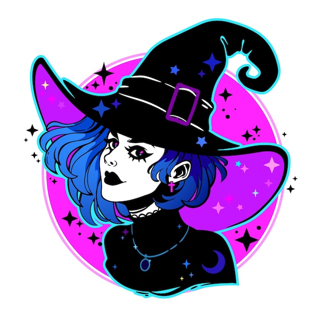 Cute young witch withbeautiful iridescent hair