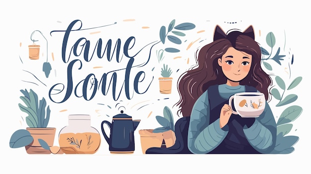 Cute Young Woman Enjoying Tea with Cat and Houseplants